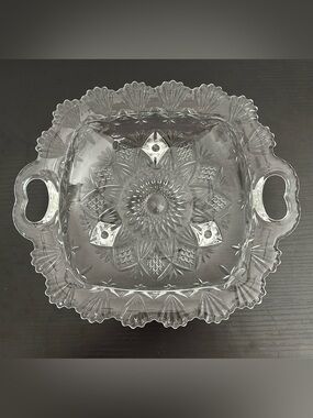 Pasari Indonesia VTG Heavy Pressed Glass Three Foot Open Handle Serving Dish